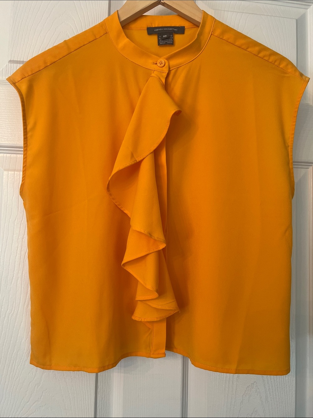NWOT French Connection Bright Orange Yellow Sleeveless Ruffle-Front Blouse